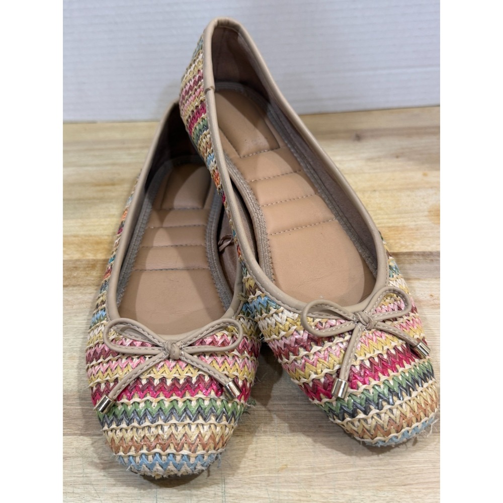 Joie Scarlet Multi Color Woven Straw Ballet Flats Bow Accent 7.5 M